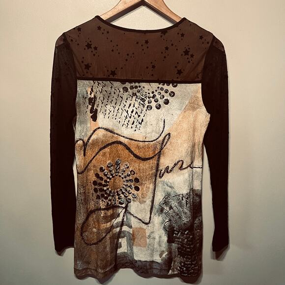 Simply Art by Dolcezza Tunic Black Tan Artsy Abstract Studded Sheer Sleeve S - Picture 5 of 7